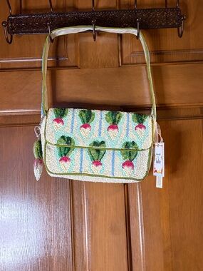 NWT Handcrafted in India Beaded Turnip-Print Shoulder Bag in Green and Pink